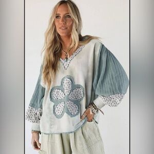 🔥 NEW! POL Floral Patched Waffle Textured V Neck Casual Hooded Top Sz. Large